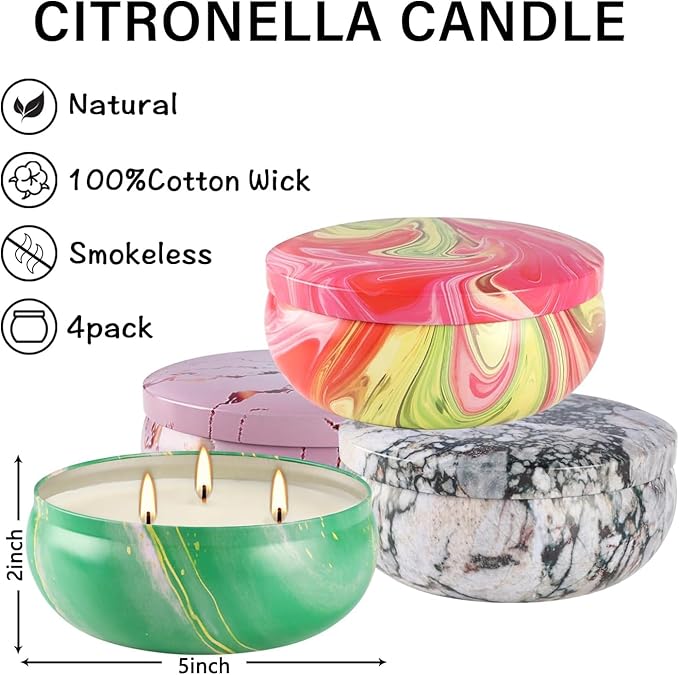 Citronella Candle Outdoor,12oz Summer Camping Large Candle for Outside Garden Backyard Balcony,30 Hour Burn,4 Pack 3 Wick