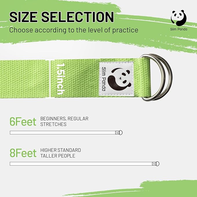 Slim Panda Yoga Strap for Stretching,Cotton Yoga Strap with Adjustable D-Ring Buckle,Non-Elastic Yoga Belt for Pilates,Gym Workouts,Physical Therapy,Improve Flexibility