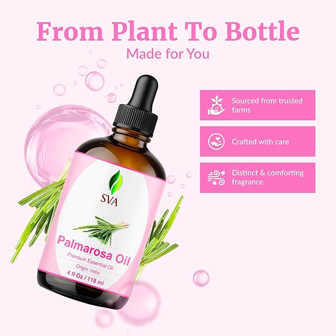 SVA Palmarosa Essential Oil – 4 Fl Oz – 100% Natural Palmarosa Oil - for Diffuser, Hair Care, Face, Skin Care, Aromatherapy, Scalp and Body Massage, Soap and Candle Making – with Dropper