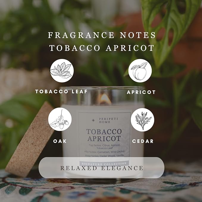PERIPETI Home Tobacco + Apricot Scented Candle - Classic Wick, 8.5oz Natural Soy Wax for Warm & Fruity Aromatherapy - Long-Lasting Bold Fragrance for Home or Office