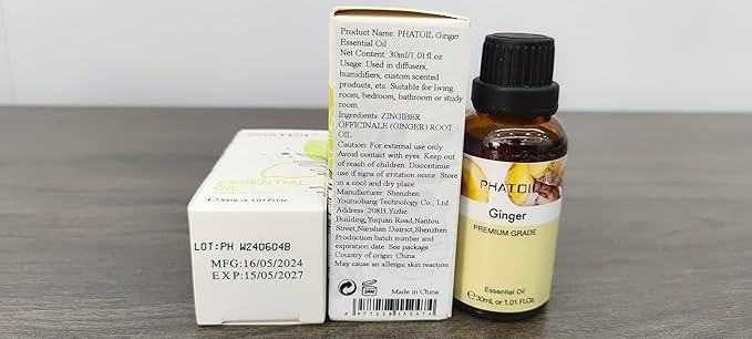 Ginger Essential Oil, 1.01Fl.Oz (30ML) PHATOIL Pure Essential Oil Singles for Aromatherapy Diffusers, Humidifiers, Great for DIY Candle and Soap Making, Gift for Friend