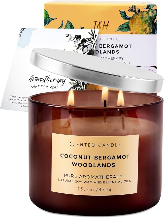 Coconut Bergamot Woodlands 3 Wick Soy Scented Candle 15.8 oz | Creamy Coconut & Balsam Woods Candle for Home | Aromatherapy Stress Relief Candle for Men & Women | Long Lasting 3 Wick Soy Candles
