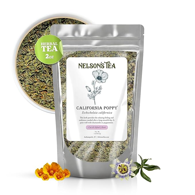 Nelson's Tea - California Poppy Cut & Sifted, Caffeine-Free Loose Leaf Tea Blend, Light Floral, Golden Poppy Flavor for Gentle Peace & Comfort, Mild Herbal Infusion Pairs Well with Mild Herbs - 2oz