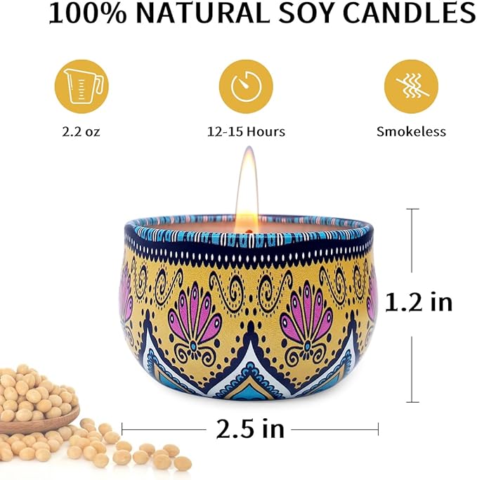Bohemian Scented Candle for Christmas Thanksgiving Housewarming Gift, Set of 9 2.2oz Aromatherapy Candle for Stress Relief, Bohemian Tin Candle