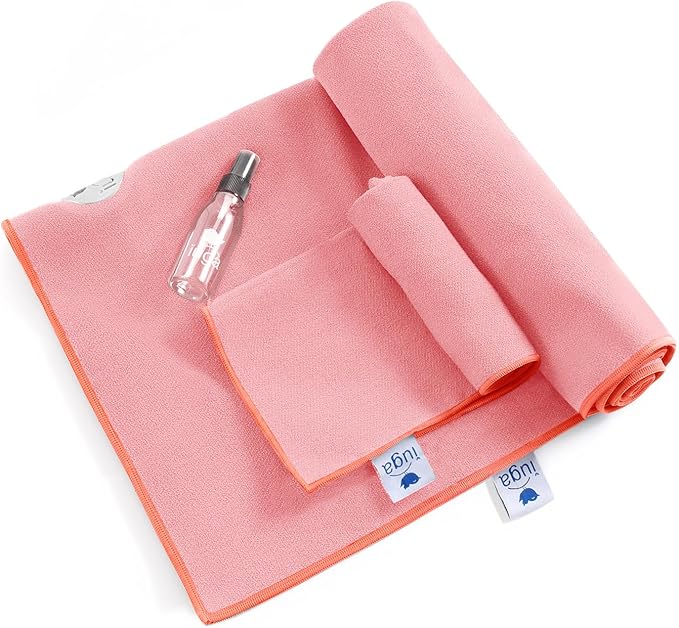 IUGA Yoga Towel for Hot Yoga Non Slip Extra Thick Yoga Mat Towel + Hand Towel 2in1 Set with Corner Pockets Super Absorbent and Quick Dry Hot Yoga Towel