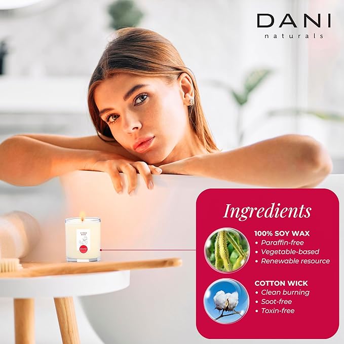 DANI Naturals Soy Candle - Citrus Rose Scented, 100% Pure Soy Wax, Non-Toxic, Long-Lasting, Natural Aromatherapy - 7.5 oz