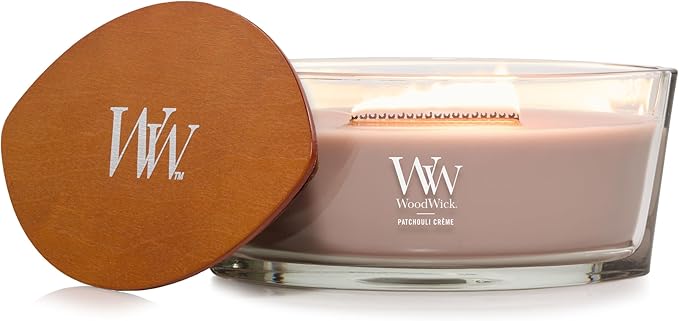 WoodWick Patchouli Crème Gifts for Women and Men, 16 oz Ellipse Candle with Crackling Wick
