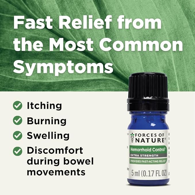 Forces of Nature Hemorrhoid Control Extra Strength, Organic Homeopathic Medicine with Witch Hazel, Horse Chestnut, and Soothing Essential Oils for Itching, Swelling & Discomfort, 5ml (0.17 fl oz)