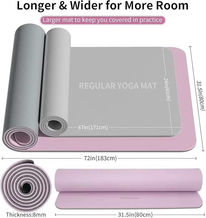 WOHAO Extra Thick 8mm Yoga Mat, 72"x28" Non Slip Exercise Mat, Reversible 2-Sided Dual Color Premium POE Material, with Carrying Strap for Yoga, Pilates, Home Gym