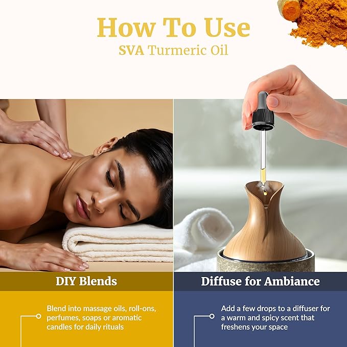 SVA Turmeric Essential Oil – 4 Fl Oz – 100% Natural Turmeric Oil - for Diffuser, Hair Care, Face, Skin Care, Aromatherapy, Scalp and Body Massage, Soap and Candle Making – with Dropper