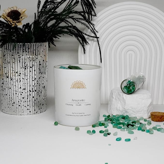 Crystal Candles Scented - Fig Tree Sandy Sea Aromatherapy Candle with Amazonite for Women - Soy Candles for Meditation Home Decor - 10 oz