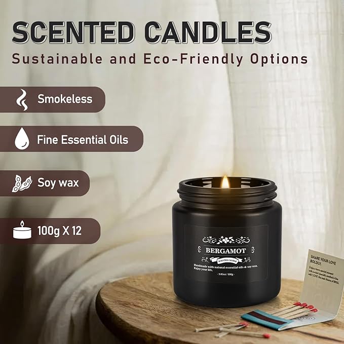 12PCs Black Scented Candles - Aromatherapy Candle Set, Soy Wax Candle for Home Camping & Garden, Christmas Gifts for Men or Women Indoor Outdoor, 3.05 Ounce Each