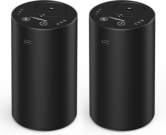 Waterless Essential Oil Diffuser, Rechargeable Scent Diffusers with 3 Mist Levels & Timers, Portable Aromatherapy Diffuser for Home Car Room Studio Office, Black Metal 2 Pack