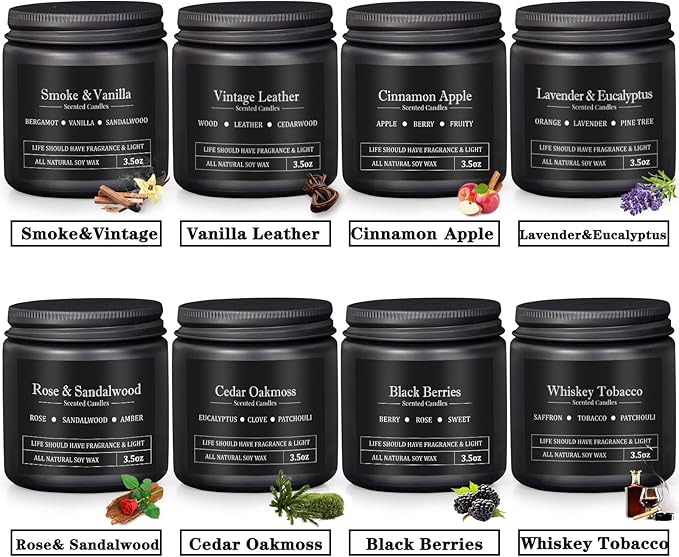 Manly Scented Candles for Men, 8 Pack Soy Candles for Home Scented, Up to 250H Burning, Aromatherapy Candle Set, Masculine Mens Candle Gift Set for Father Boyfriend Him, Birthday Christmas Gifts