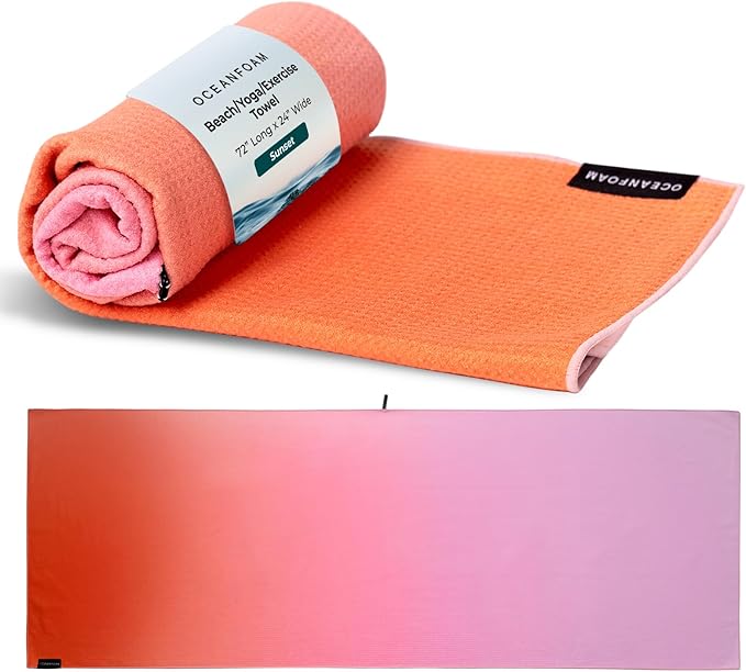 Oceanfoam Beach Towel – Lightweight, Absorbent, Quick-Drying, Sand-Resistant, Non-Slip – Ideal for Workouts, Yoga, Pilates, Beach, Pool, Boat & Travel – 25% Recycled – 72"x24" (Sunset)