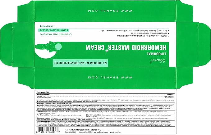Ebanel 5% Lidocaine Hemorrhoid Treatment Cream with Witch Hazel, Phenylephrine, Horse Chestnut, Vitamin B6, Zinc Oxide, External and Internal Hemorrhoids Treatment Burn Itch Pain Relief Anal Cream