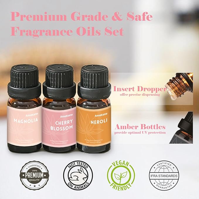 AmaKane Floral Fragrance Oils, Flower Essential Oils for Diffusers for Home, Candle Soap Making Scents 6x10ml, Rose, Jasmine, Chamomile, Neroli, Magnolia, Cherry Blossom Essential Oil