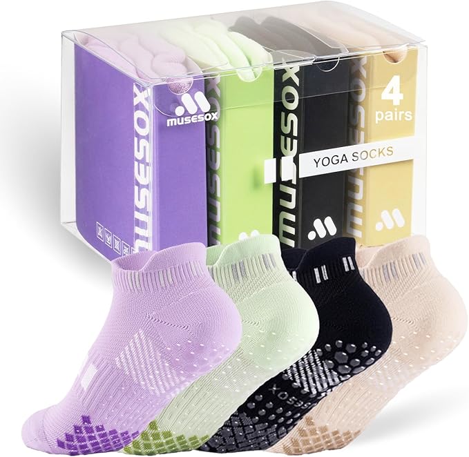 musesox 4 Pairs Non-Slip Pilates Socks for Women with grips,Grippy Ankle Socks for Yoga,Barre,Hospital,Gym,Dance