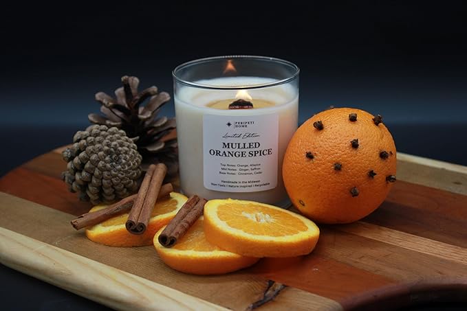 PERIPETI Home Mulled Orange Spice Scented Candle, Wooden Wick – 8.5oz Natural Soy Wax for Energizing Aromatherapy, Long-Lasting Burn