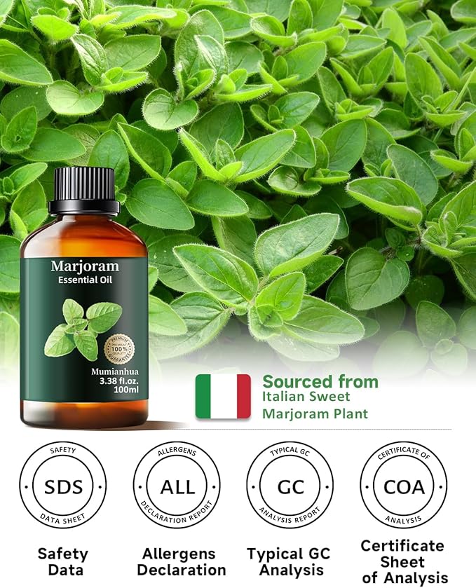 Marjoram Essential Oil, Pure Marjoram Oil Mumianhua Natural Herbaceous Oil for Bedroom, Natural Shield, Aromatherapy for Evening Ease, Outdoor Protection, Diffuser, Massage & Skin Care, 3.38 Fl Oz