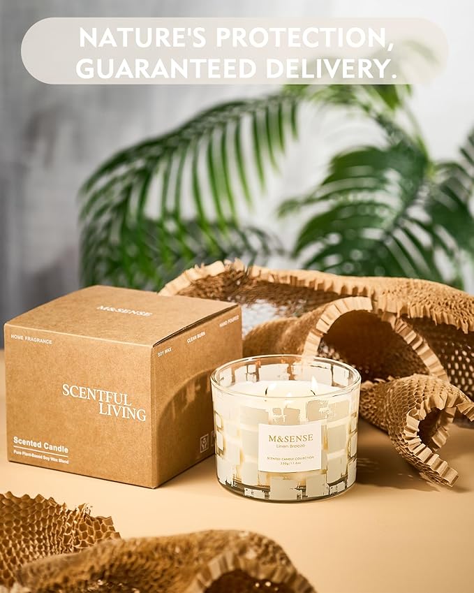 M&SENSE Linen Breeze, 3 Wick Scented Candle,11.6oz Natural Soy Wax Non Toxic for Home, Up to 60 Hours Burn time, Jar Candle Long Lasting,Fall Decorations for Home