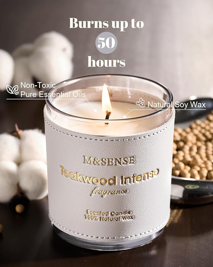 M&SENSE Mint Teakwood Intense Soy Candles, Vegan Heavy Scented Non Toxic 10oz 42-Hour Burn Time, Winter Aromatherapy Candle for Stress Relief, Housewarming New Year Gifts for Women & Men
