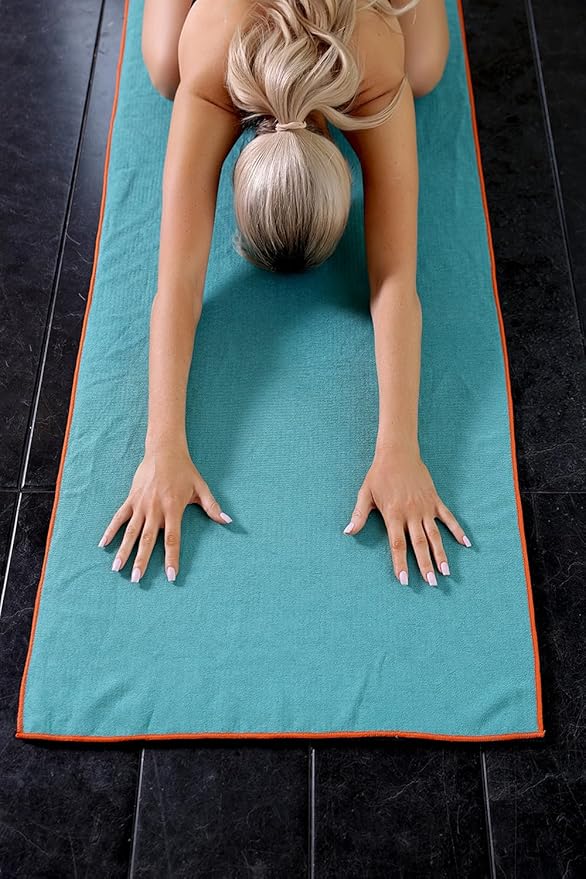Eunzel Hot Yoga Towel - Microfiber Non Slip Yoga Mat Towel with Grip Dot Sweat Absorbent Towel for Hot Yoga, Pilates and Fitness 72" x 24", Dark Cyan/Orange