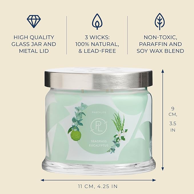 PartyLite Sea Grass Eucalyptus Scented, Notes of Eucalyptus, Lemon, Seagrass & Driftwood, 13.2oz 3-Wick Jar Candle, 45 Hour Burn Time, Luxurious Fragrance, Ideal for Gifting