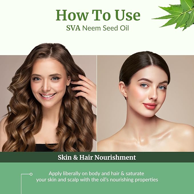 SVA Neem Seed Oil - 4 Fl Oz – 100% Natural Cold Pressed Neem Oil - for Face, Skin Care, Hair Care, Scalp Massage & Body Massage – Carrier Oil with Dropper