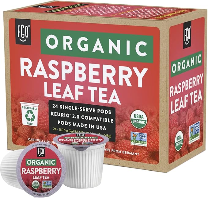 FGO Organic Raspberry Leaf Tea K-Cup Pods for Keurig, 24 Count (Pack of 1), Naturally Caffeine-Free Herbal Tea, USDA Organic, Non-GMO, & Recyclable
