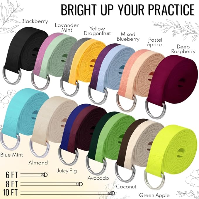TECEUM Yoga Strap & Mat Strap – 2 IN 1 – Cotton – 6 ft 8 ft 10 ft (30+ colors) – Adjustable Non-Slip Belt for Yoga, Pilates, Stretching, Physical Therapy, Fitness & Home Workout – For Carrying Mats