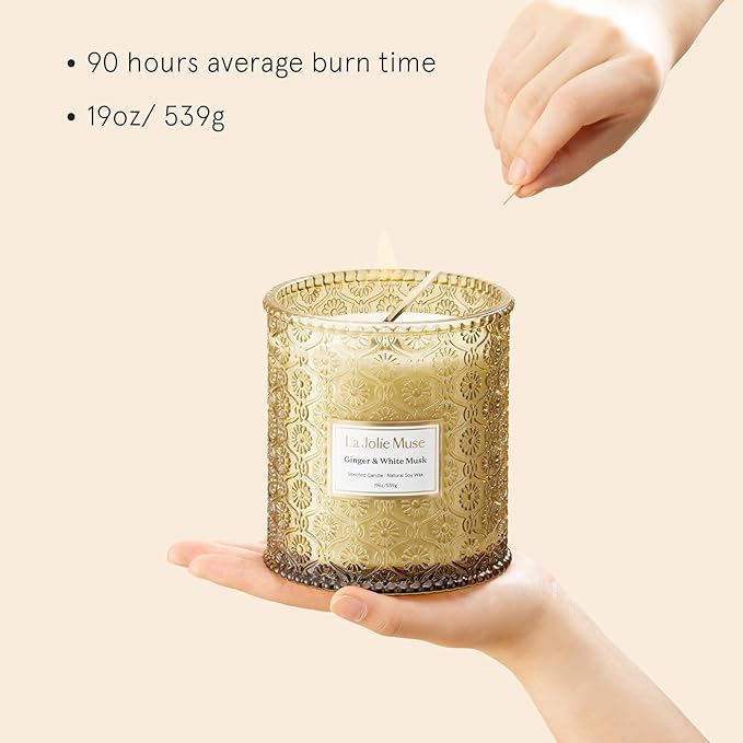 LA JOLIE MUSE Ginger & White Musk Candle | Ginger, Lemongrass & Musk | 19 oz Wooden Wick | Natural Soy Wax | 90 Hours Clean Burn | Gift-Ready for Hosts & Gathering| Seasonal Home Décor