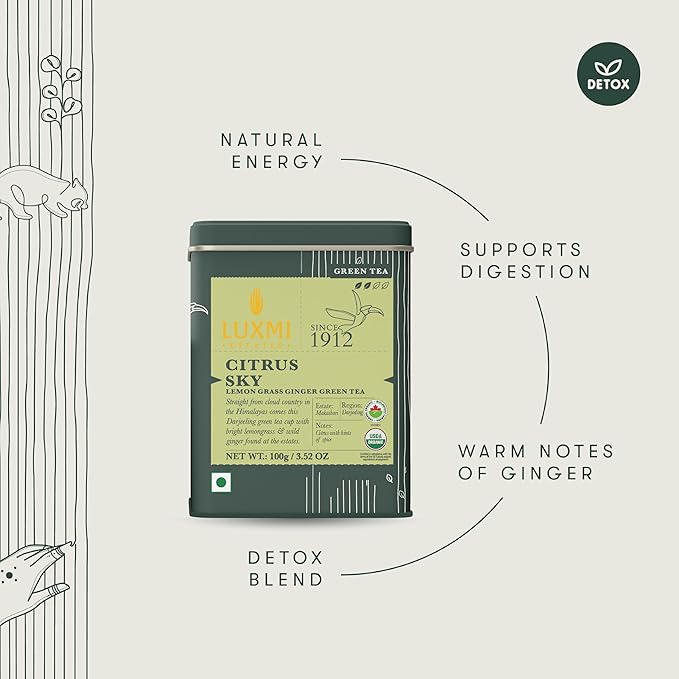 Luxmi Estates Citrus Sky Green Tea 100gm Tin | Certified Organic Darjeeling Green Tea