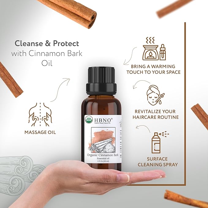 HBNO Organic Cinnamon Bark Essential Oil - 1 oz (30ml) Size - Ideal for Diffusers, Cleaning Agents, Skincare, and Haircare.