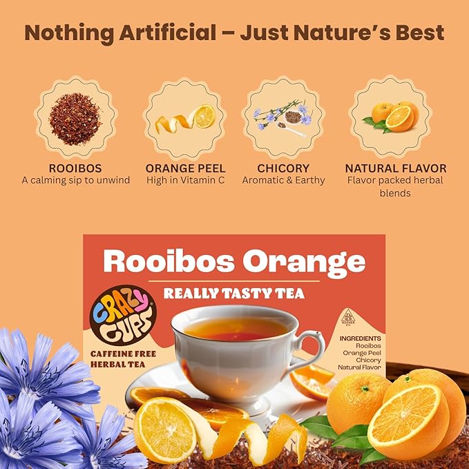 Crazy Cups Rooibos Orange Herbal Tea Pods, 22 Count | Naturally Caffeine Free, Kosher Certified, Zesty Orange & Rooibos Blend, K Cup Compatible, Gluten Free, Vegan, Relaxing Herbal Tea