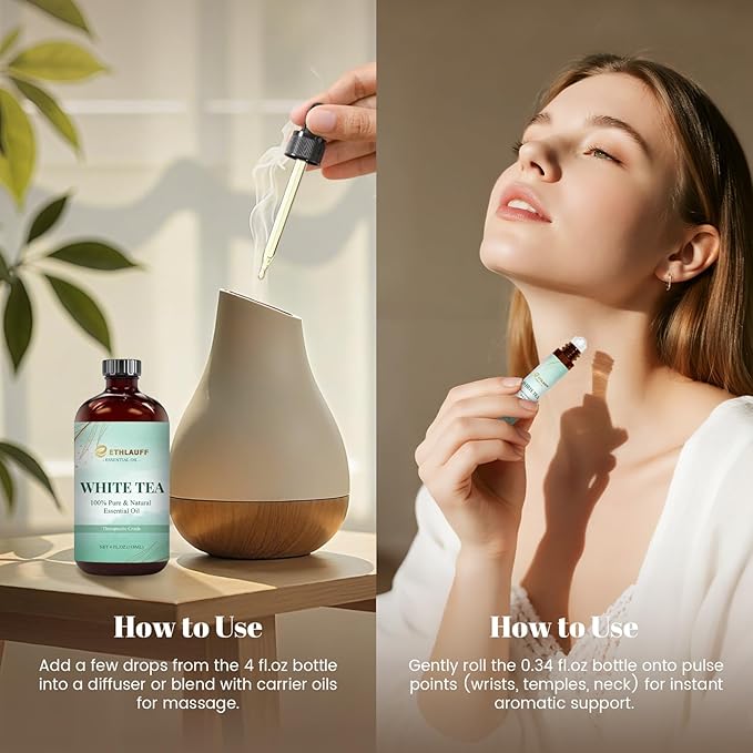 White Tea Diffuser Oil - White Tea Essential Oils for Diffuser Refill & Air Freshener Room Spray, Long-Lasting, Natural Home Fragrance and Scent for Diffusers(4 fl.oz Bottle + 0.34 fl.oz Roll-On)