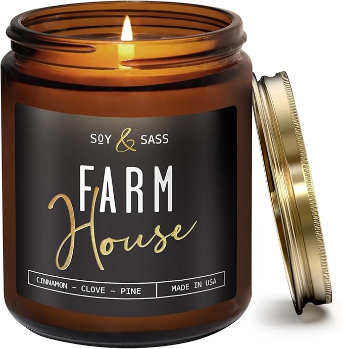 Fall Candles - 'Farmhouse' Autumn Scented Soy Candles for Home, w/Cinnamon, Clove & Pine I Infused with Essential Oils I Farmhouse Décor, 9oz Reusable Jar, 50Hr Burn, Made in USA
