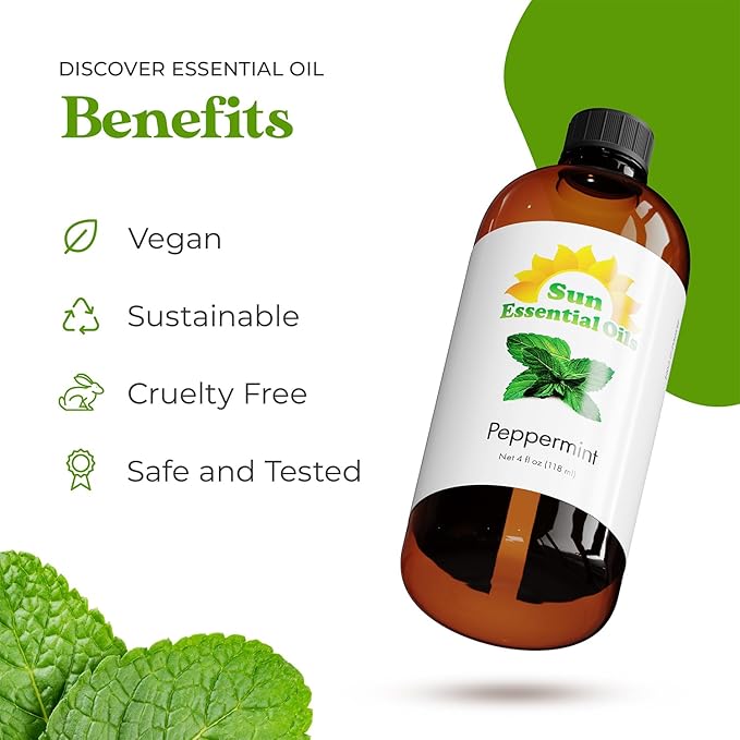 Sun Essential Oils - Peppermint Essential Oil (4 oz) with Dropper for Diffuser, Humidifier, Skin & Aromatherapy Body Massage, Candle & Soap Making for Home