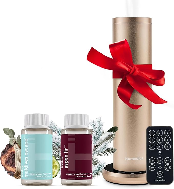 Homedics SereneScent Waterless Home Fragrance Diffuser & Oils Set, Includes 2 120ml SereneScent Oil Bottles, Maldives Escape and Aspen Fir, Patented Air Diffusion Technology, Large Rooms