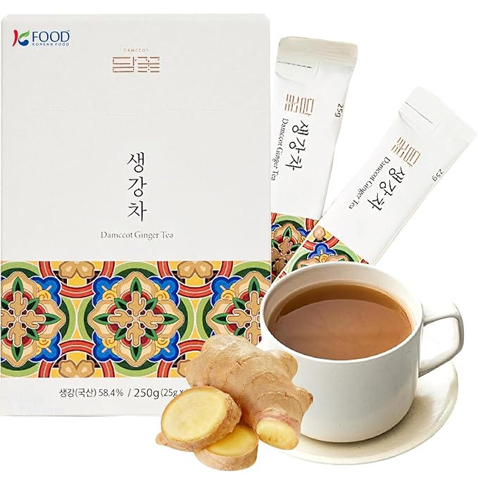 Korean Food Damccot Ginger Tea Sticks, 250g (8.8oz Total, 10 x 25g/0.9oz Each) – Concentrated, Authentic Korean Ginger Extract for Warm/Cold Beverages & Milk Lattes, 생강차