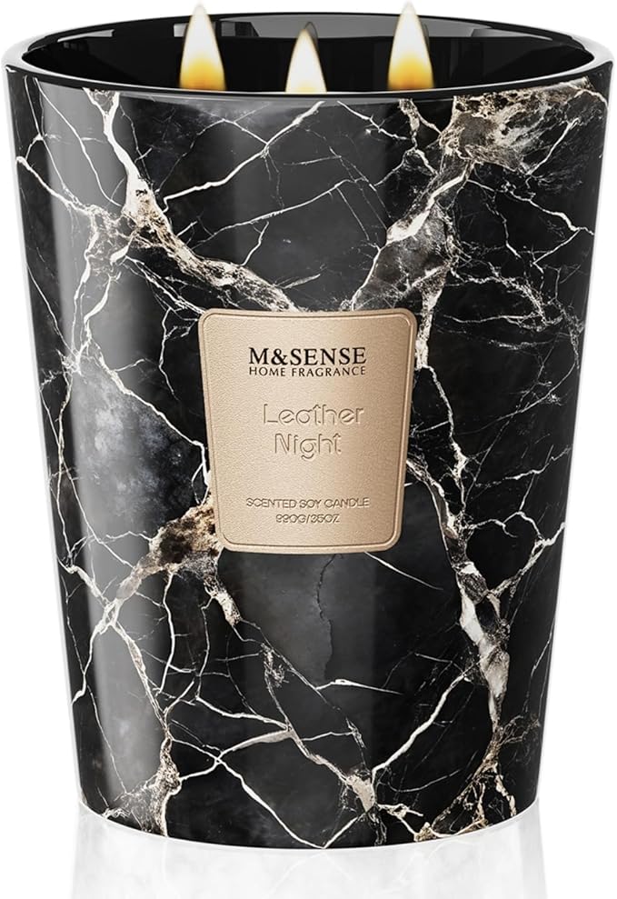 M&SENSE Extra Large Candle 35oz 150H LeatherNight Scented Candle,3 Wick Highly Scented Jar Candle, XL Candles Gift for Women and Men