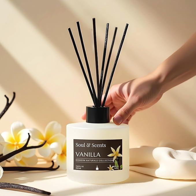 Soul & Scents Reed Diffuser Set – Vanilla | 7.43 oz Refillable Scented Oil with 6 Fiber Sticks | Long-Lasting Home Fragrance & Air Freshener for Bedroom, Bathroom, Office | Gift & Décor Piece