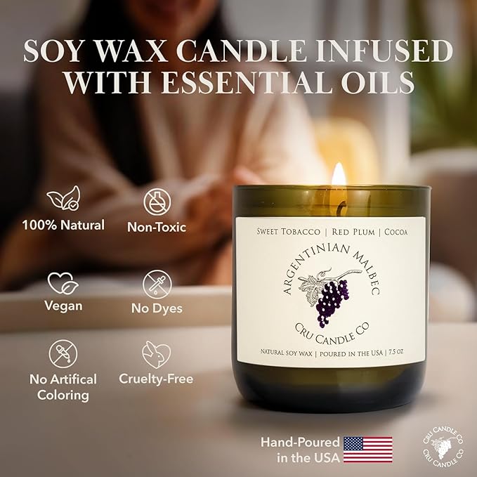 Cru Wine Scented Candles - Argentinian Malbec Scent - Clean Burning, Non Toxic Candle, Luxury Decor Soy Candles for Home Scented, Relaxing Gifts for Women, Aesthetic Soy Candle for Men, Made in USA