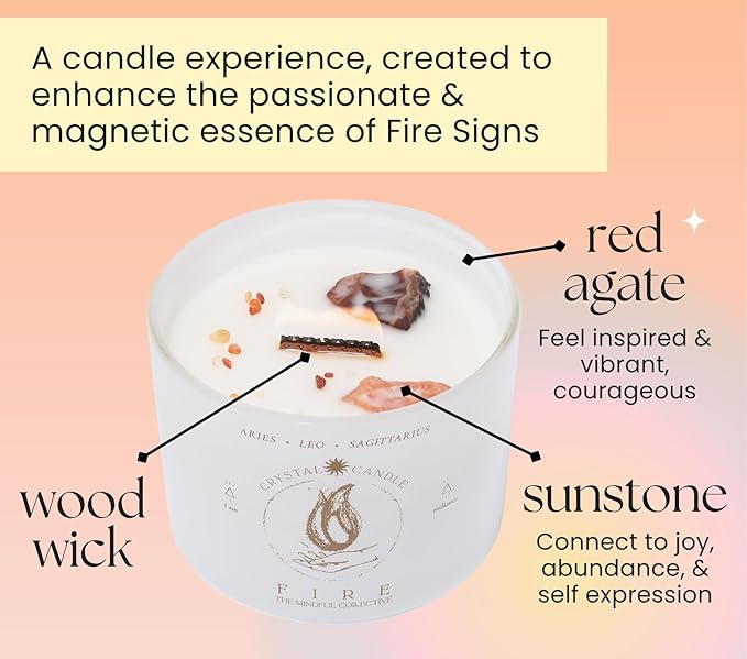 Aries, Leo, Sagittarius Gifts for Women - 12oz Wood Wick Candles That Crackle with Crystals and Healing Stones. Healing Crystal Candles for Women Home Scented. Soy Wax, for Zodiac Birthdate