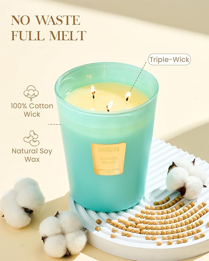 M&SENSE Summer Sea Air Scented Candle, 35 OZ Extra Large 3 Wick Natural Soy Wax Candles 150 Hours Long Lasting Slow Burning, Candles Gift for Spring Home Decor