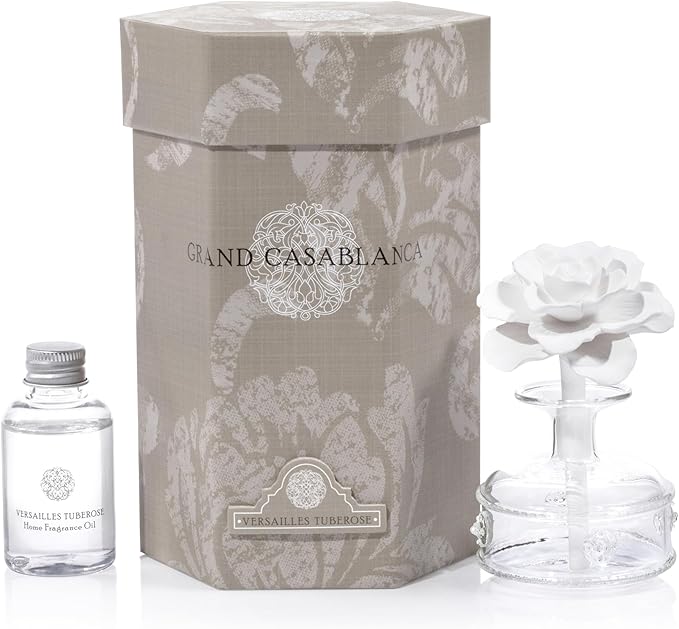 Zodax Grand Casablanca Reed Diffuser - Home Fragrance Oil Diffuser Ideal for Living Room, Bathroom, Office - Porcelain Flower Design - Gift Box Packaging Included - Versailles Tuberose - 1.69 Oz.