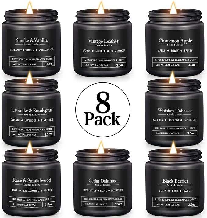 Manly Scented Candles for Men, 8 Pack Soy Candles for Home Scented, Up to 250H Burning, Aromatherapy Candle Set, Masculine Mens Candle Gift Set for Father Boyfriend Him, Birthday Christmas Gifts