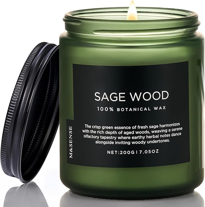 M&SENSE Sage Wood Scented Candle, 7.05oz 50 Hours Long Lasting Clean Non Toxic All Natural Soy Wax Candle for Relaxing & Stress Relief, 2 Wick Home Fragrance Gifts for Home Decor