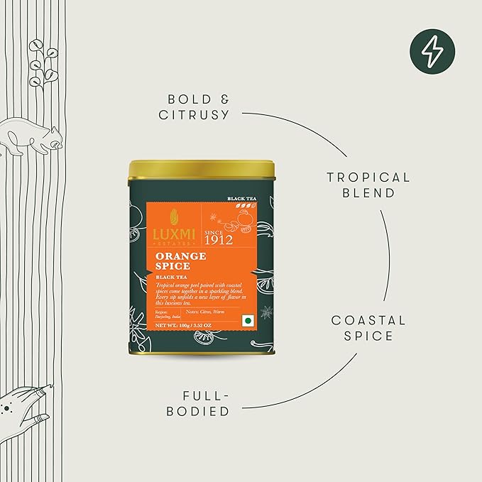 Luxmi Estates - Orange Spice - Organic Black Darjeeling Tea - Loose Leaf - 100g (50 cups) | Limited Fall Tea | Special Edition Autumn Tea | Smooth, Flavorful, Robust and Caffeinated