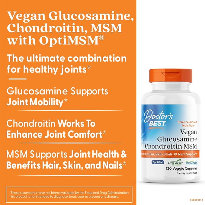Doctors BEST Vegan Glucosamine Chondroitin MSM, Healthy Hair, Skin, Nails, & Joint Support, Non-GMO, Gluten Free, Soy Free, Vegan 120 Veggie Capsules
